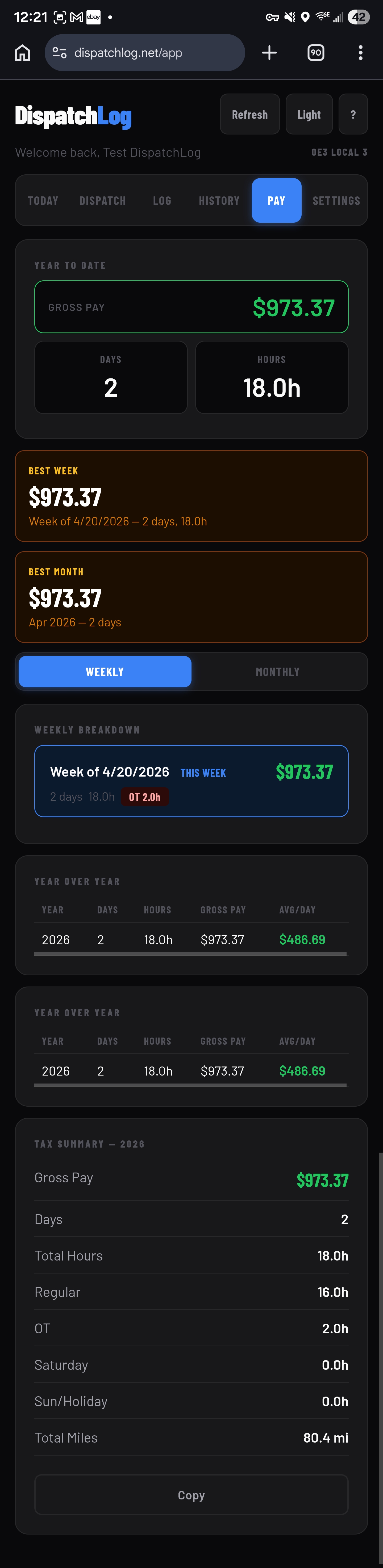 Pay tab showing $973.37 YTD with weekly breakdown, OT badge, and tax summary