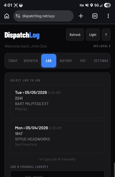 Log tab — select job, enter hours, add equipment and shift note